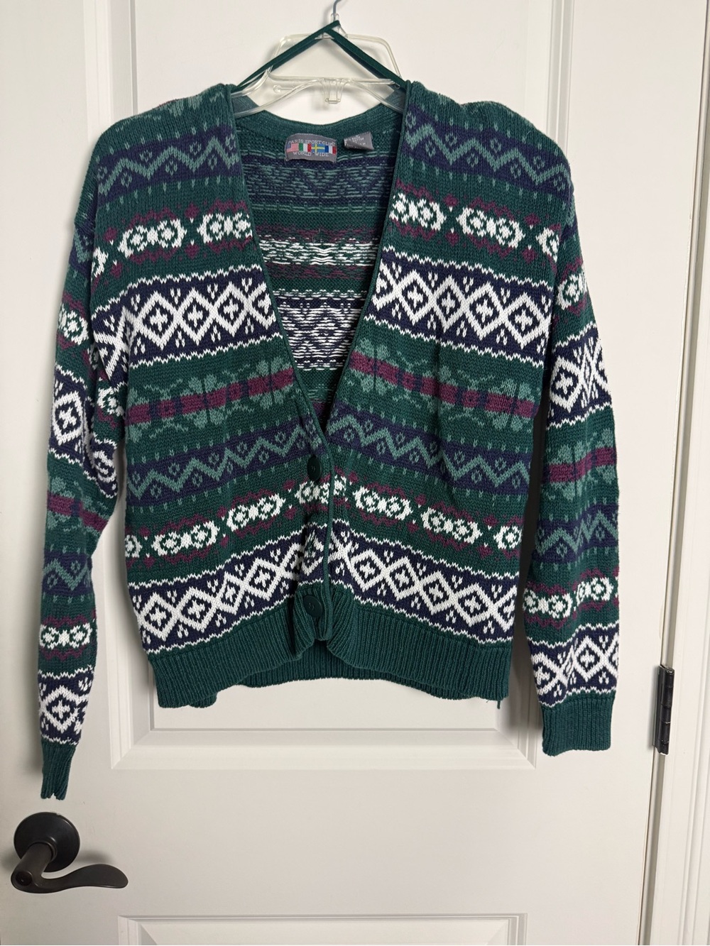 Men's Green Patterned V-Neck Cardigan Sweater